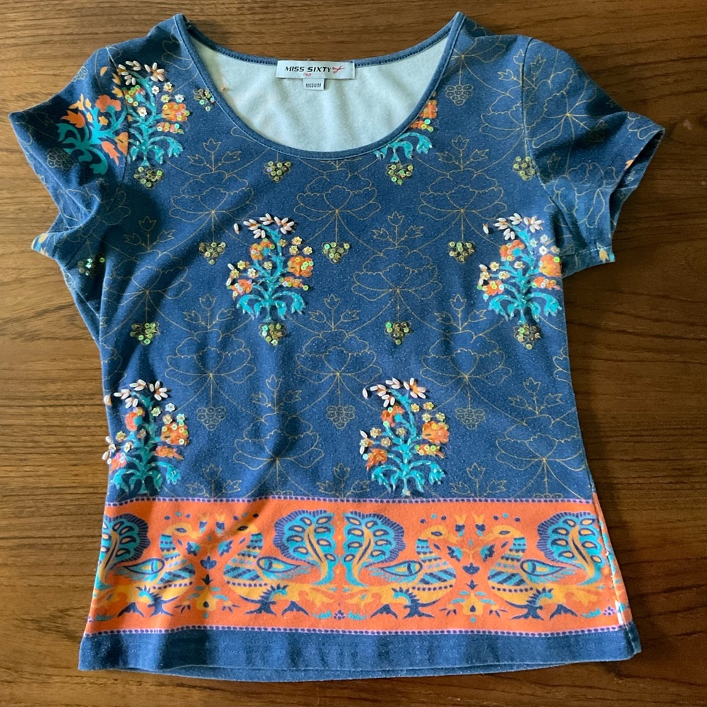 Miss Sixty Blue and Orange Floral Tee